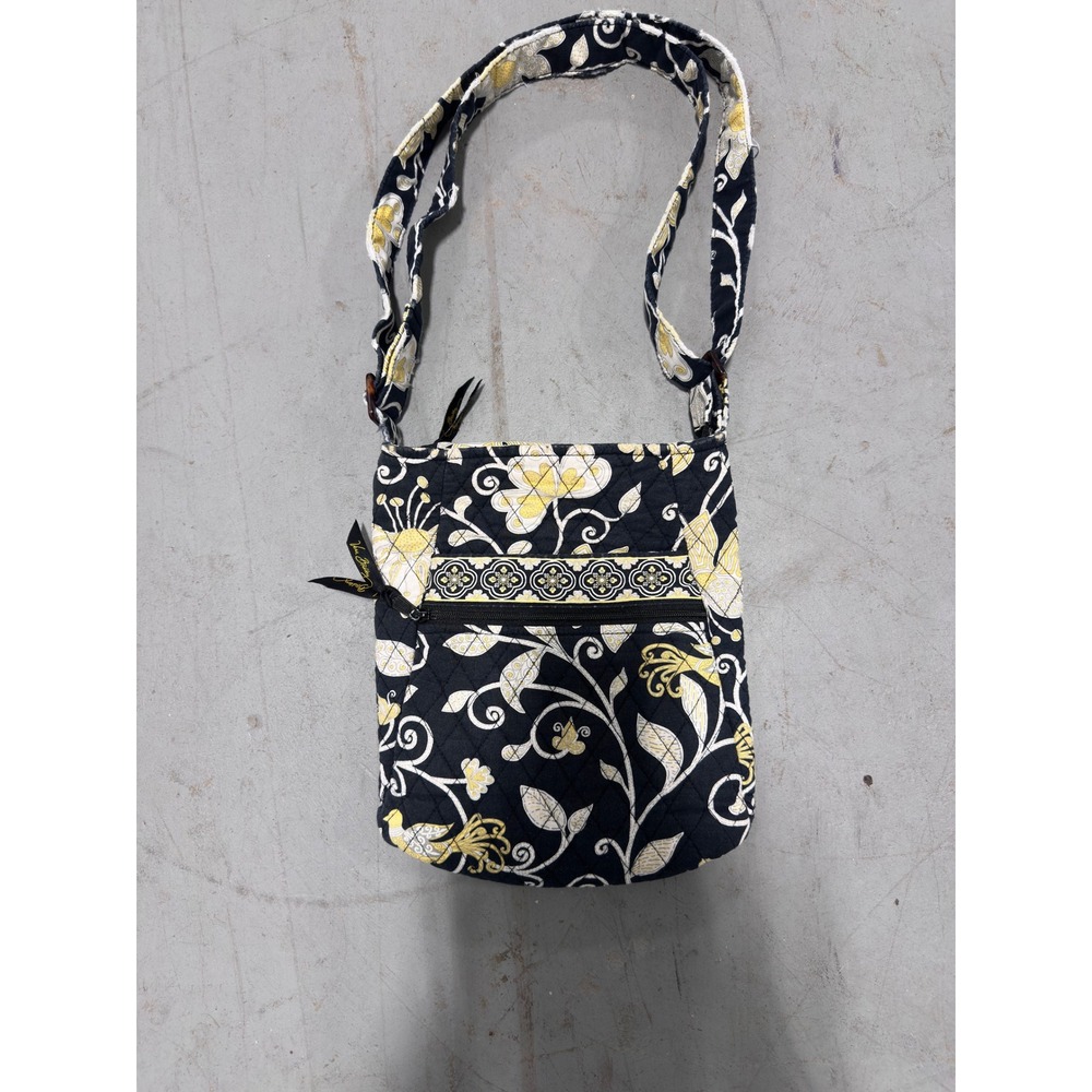 Vera Bradley Night Owl Quilted Cotton Crossbody Bag Black Yellow Floral Bird
